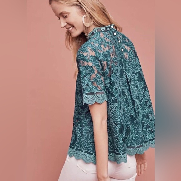 Anthropologie HD in Paris stunning pre-owned, embroidered, teal, lace blouse. - Picture 7 of 8